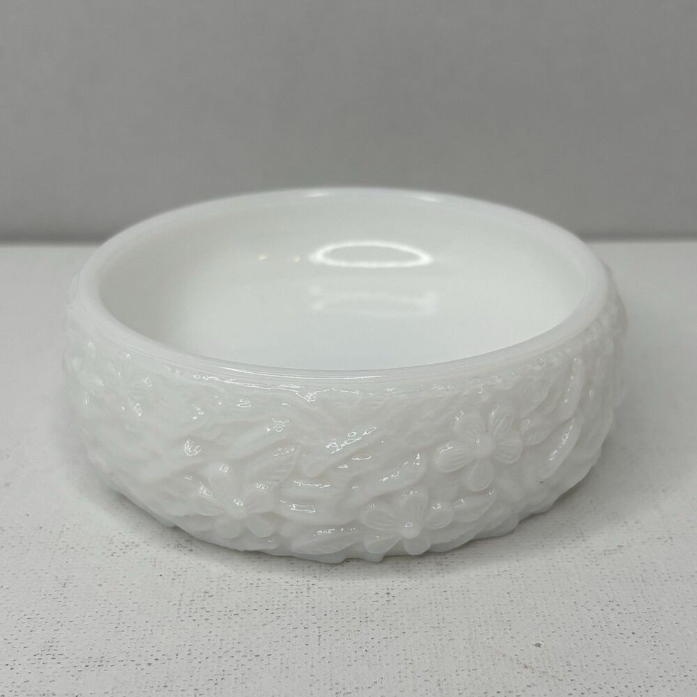 Vintage 1970s Avon Love Nest Milk Glass Trinket Dish Soap Bowl Embossed Floral